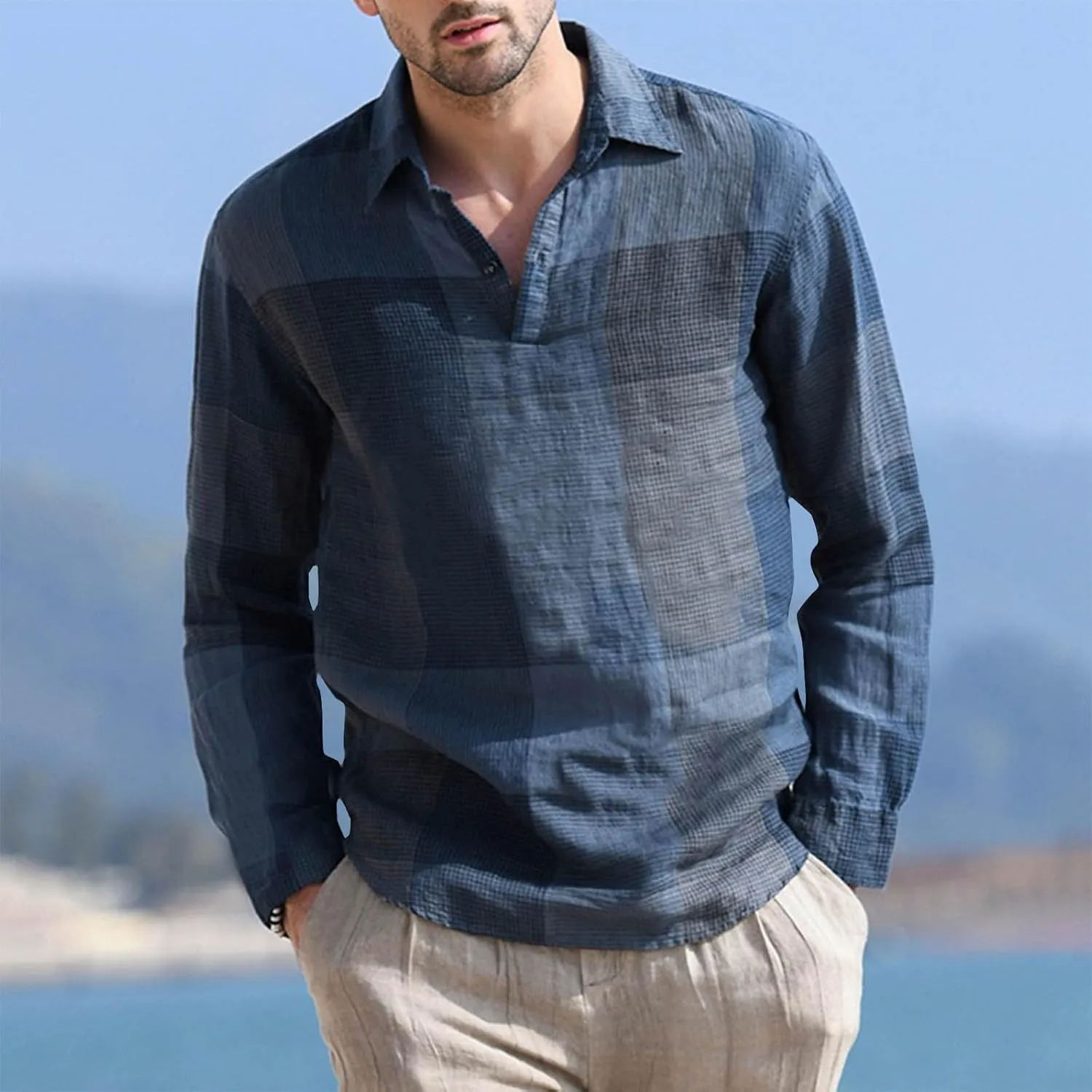 Linen Shirts for Men Casual V Neck Plaid Print Lapel Cotton Linen Long Sleeve Shirt Fashion 2025 Spring Comfy Tees