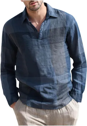 Linen Shirts for Men Casual V Neck Plaid Print Lapel Cotton Linen Long Sleeve Shirt Fashion 2025 Spring Comfy Tees