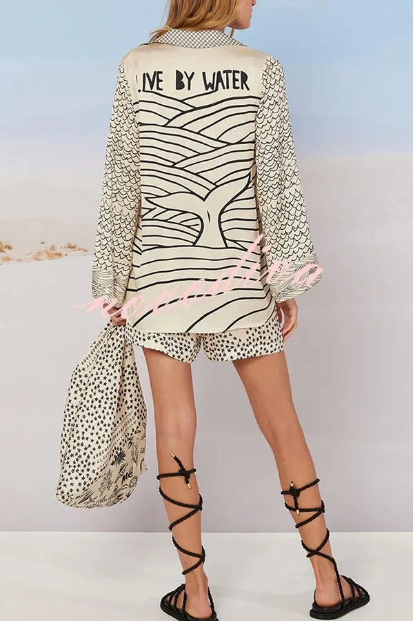 Live By Water Satin Unique Print Tassle Shirt and Elastic Waist Shorts Set