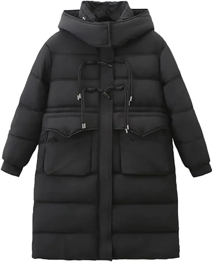 Long Horn Buckle Hooded Cotton-Padded Parka Women's Winter Thicken Warm Zipper Coat