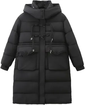 Long Horn Buckle Hooded Cotton-Padded Parka Women's Winter Thicken Warm Zipper Coat