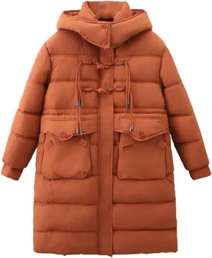 Long Horn Buckle Hooded Cotton-Padded Parka Women's Winter Thicken Warm Zipper Coat