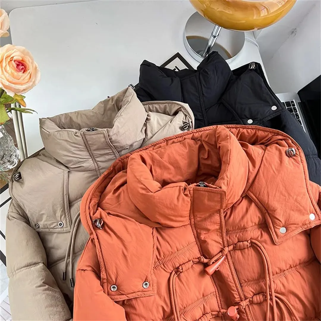 Long Horn Buckle Hooded Cotton-Padded Parka Women's Winter Thicken Warm Zipper Coat