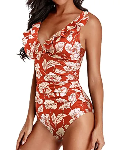 Long Torso Falbala Shoulder One Piece Swimsuit-Red Floral
