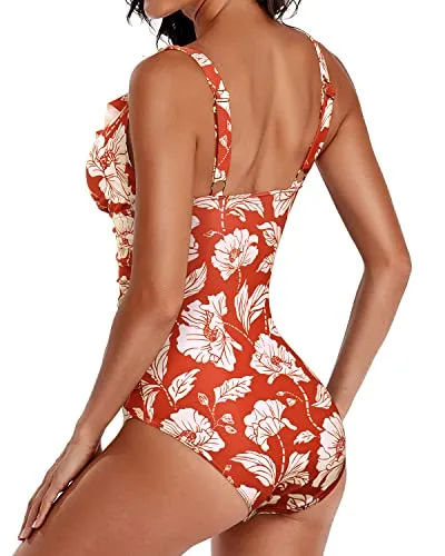 Long Torso Falbala Shoulder One Piece Swimsuit-Red Floral