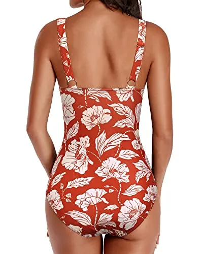 Long Torso Falbala Shoulder One Piece Swimsuit-Red Floral