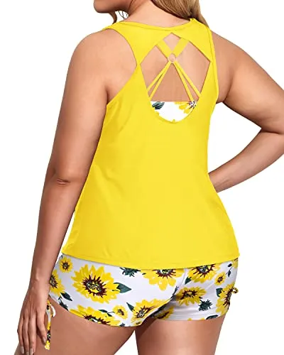 Loose Fit Plus Size 3 Piece Bathing Suit With Bikini Top And Boy Shorts-Yellow And Sunflower