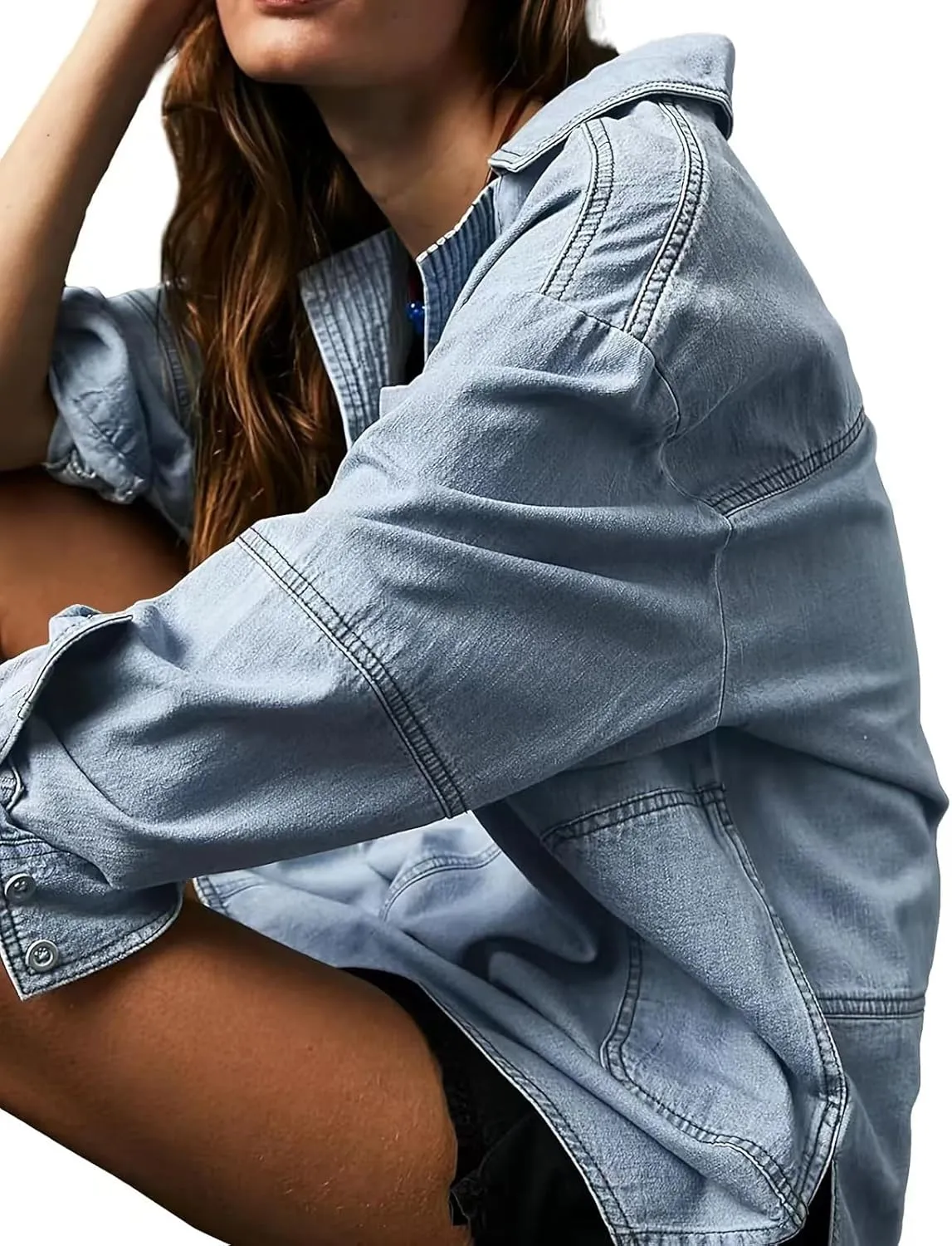 loveimgs Women Casual Long Sleeve Denim Pullover Top Jean Shirt Turndown V Neck Oversized Denim Shirt Hoodie Sweatshirt