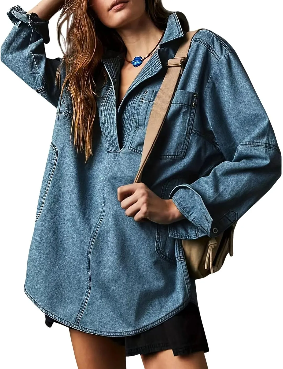 loveimgs Women Casual Long Sleeve Denim Pullover Top Jean Shirt Turndown V Neck Oversized Denim Shirt Hoodie Sweatshirt