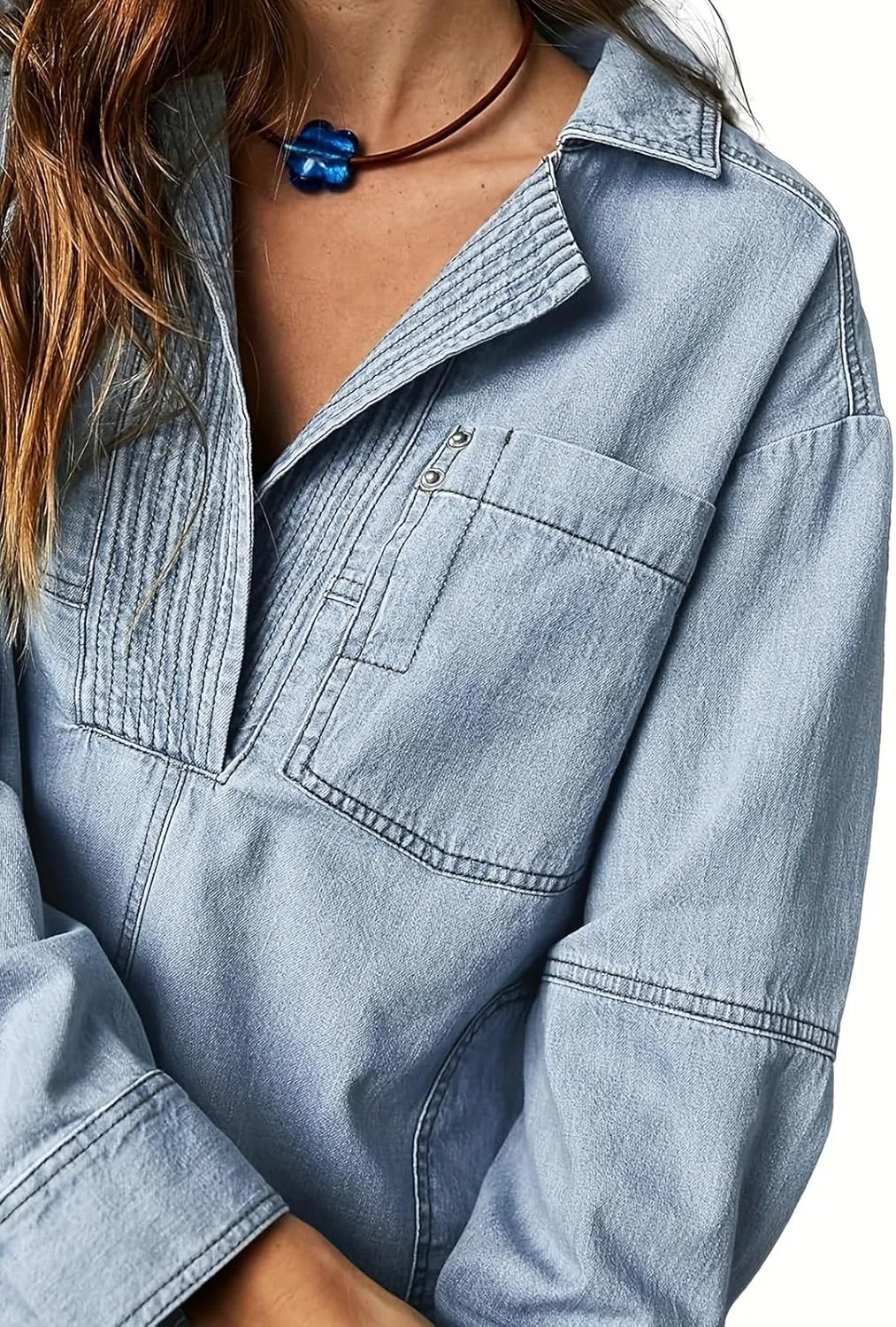 loveimgs Women Casual Long Sleeve Denim Pullover Top Jean Shirt Turndown V Neck Oversized Denim Shirt Hoodie Sweatshirt