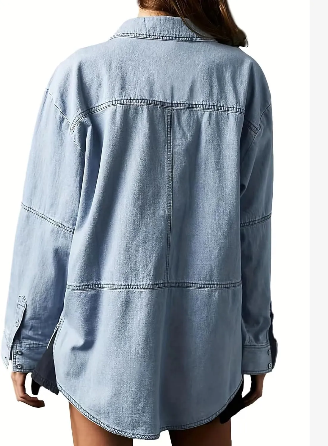 loveimgs Women Casual Long Sleeve Denim Pullover Top Jean Shirt Turndown V Neck Oversized Denim Shirt Hoodie Sweatshirt