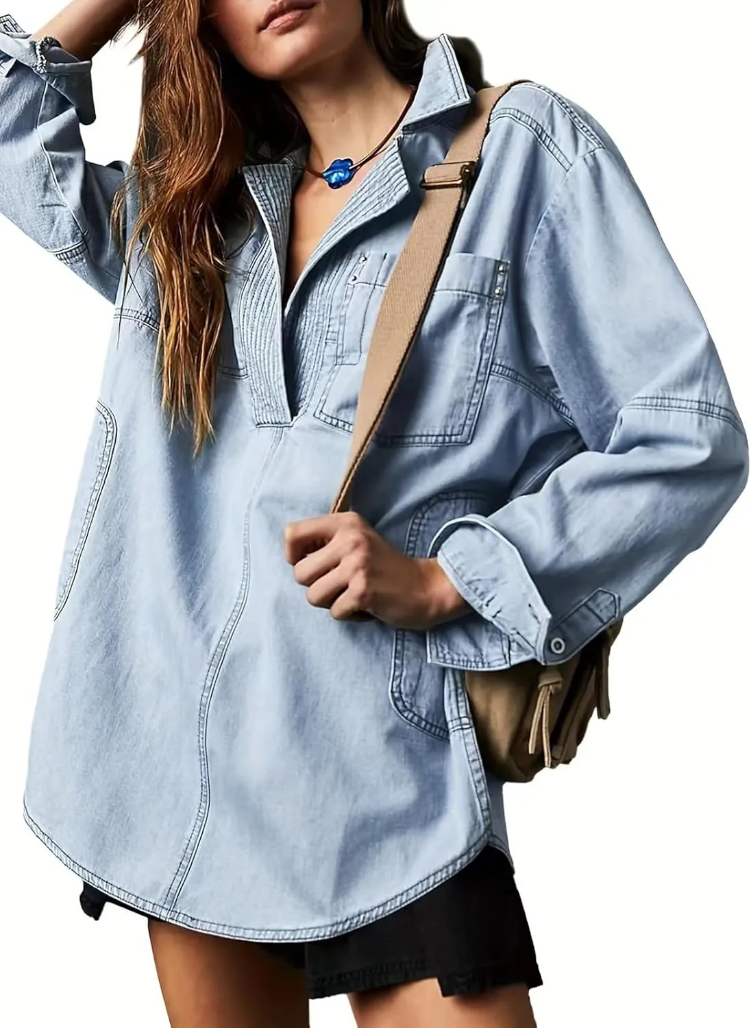 loveimgs Women Casual Long Sleeve Denim Pullover Top Jean Shirt Turndown V Neck Oversized Denim Shirt Hoodie Sweatshirt