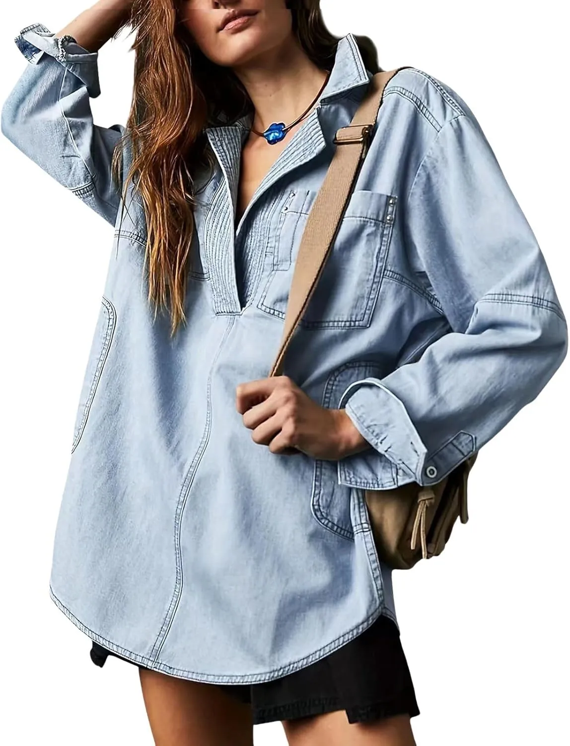 loveimgs Women Casual Long Sleeve Denim Pullover Top Jean Shirt Turndown V Neck Oversized Denim Shirt Hoodie Sweatshirt