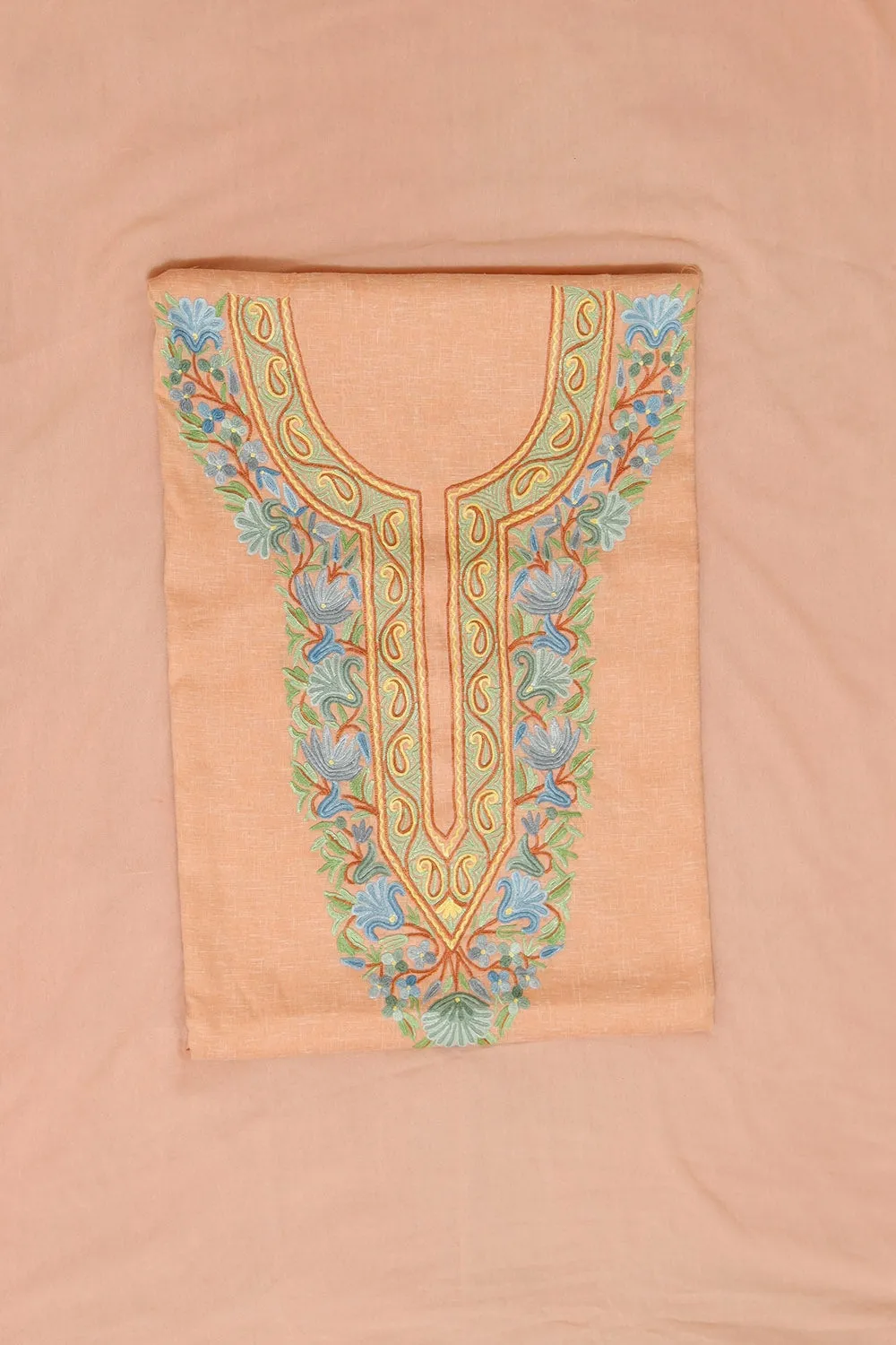 Lovely Playful Peach Colour Cotton Suit With Beautiful Kashmiri Embroidery Definitely Add Elegance.