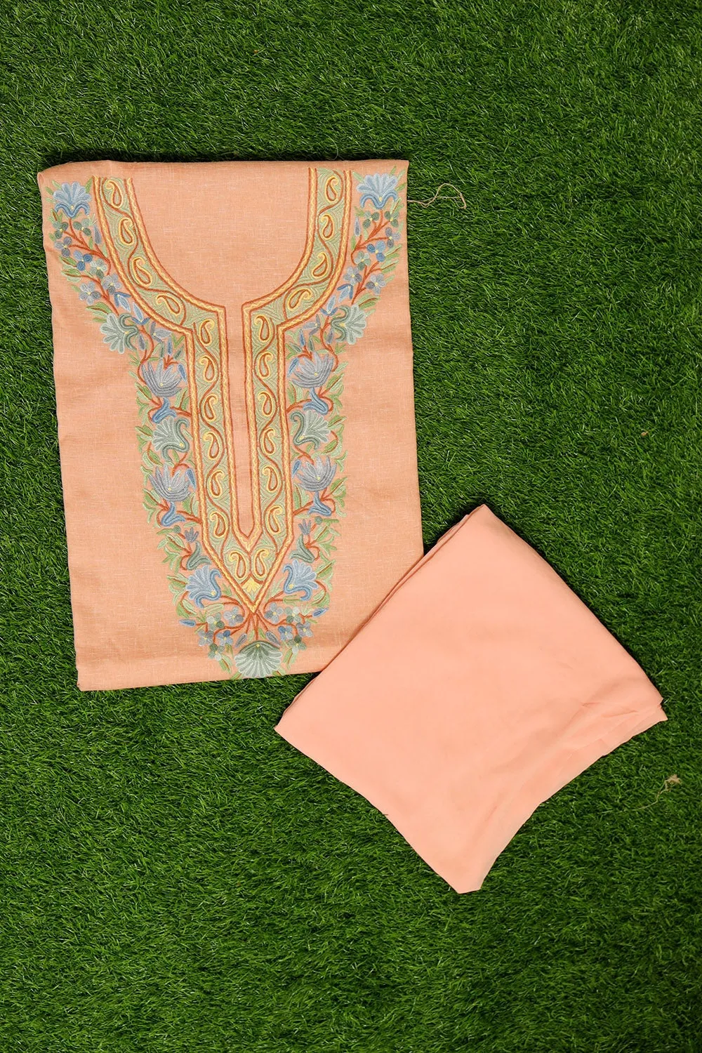 Lovely Playful Peach Colour Cotton Suit With Beautiful Kashmiri Embroidery Definitely Add Elegance.