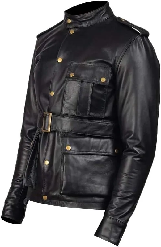 LP-FACON Mens WW2 German Uniform Field Military World War 2 Leather Jacket Coat Black