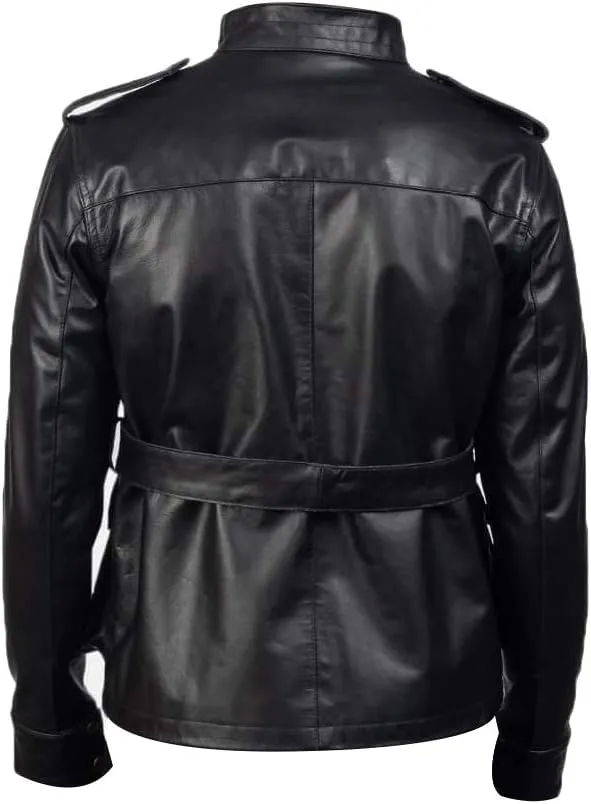 LP-FACON Mens WW2 German Uniform Field Military World War 2 Leather Jacket Coat Black
