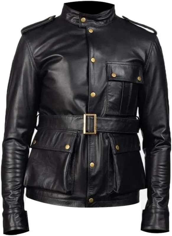 LP-FACON Mens WW2 German Uniform Field Military World War 2 Leather Jacket Coat Black