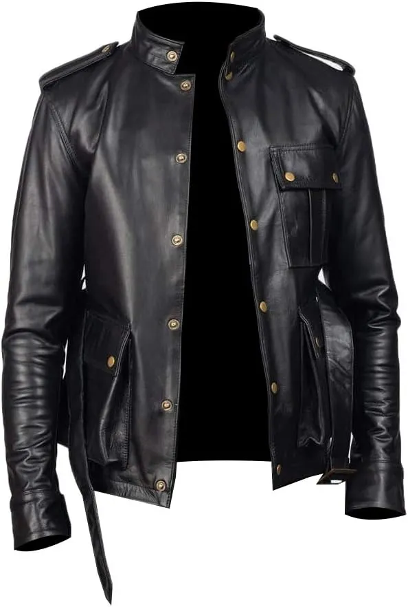 LP-FACON Mens WW2 German Uniform Field Military World War 2 Leather Jacket Coat Black