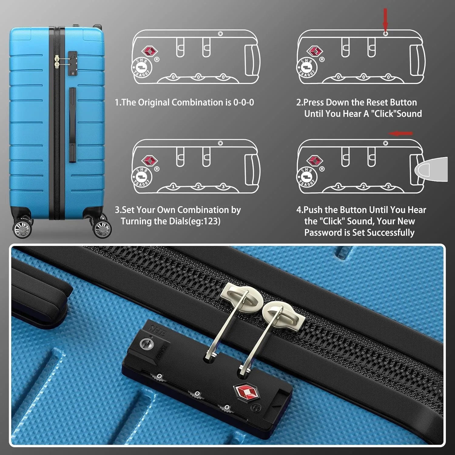 Luggage Sets 3 Piece Hardshell Luggage Set with Spinner Wheels Lightweight Hard Case Carry On Travel Suitcase Airline Approved with TSA Lock (Sky Blue)