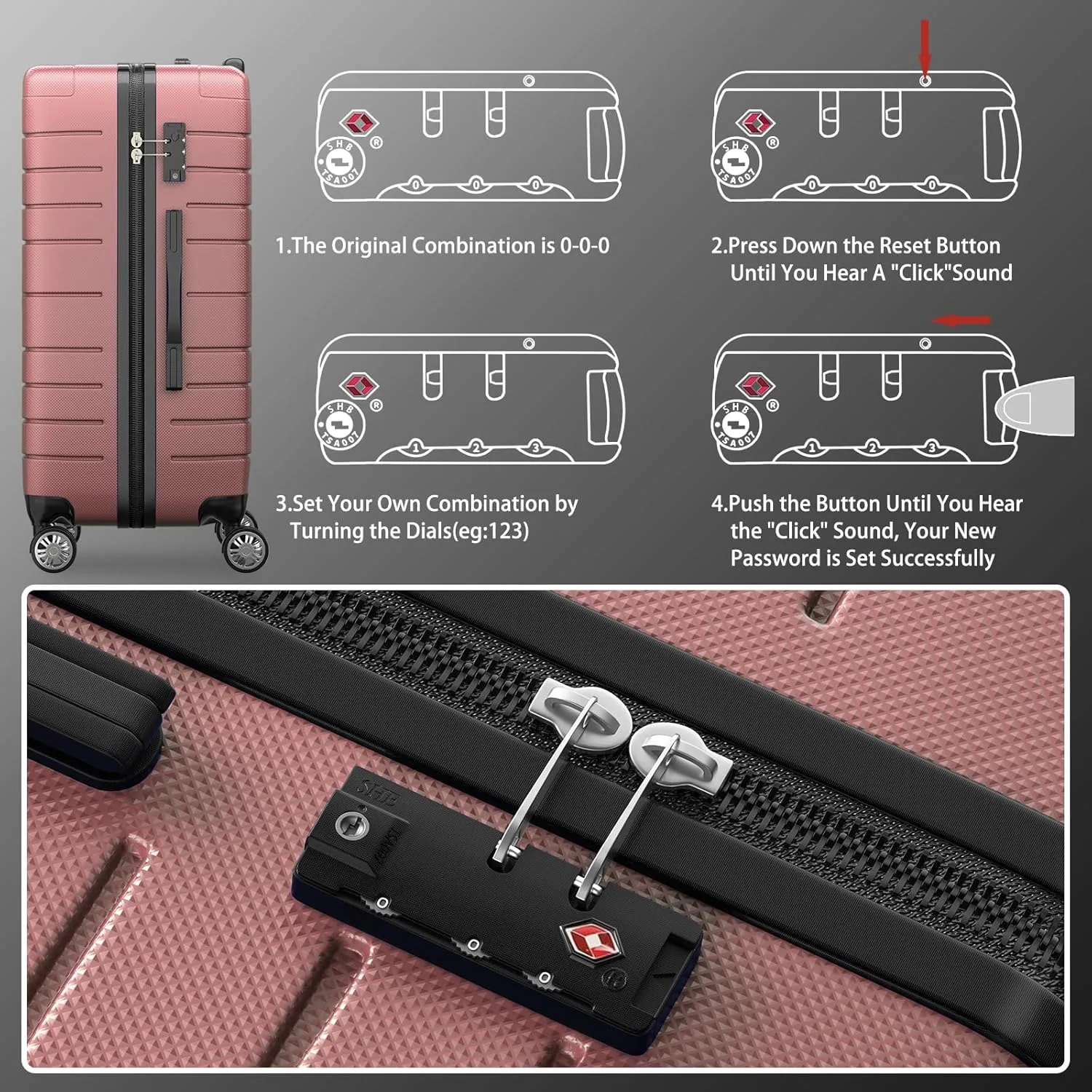 Luggage Sets 3 Piece Pink Hardshell Luggage Set with Spinner Wheels Lightweight Hard Case Carry On Travel Suitcase Airline Approved with TSA Lock (Rose Gold)