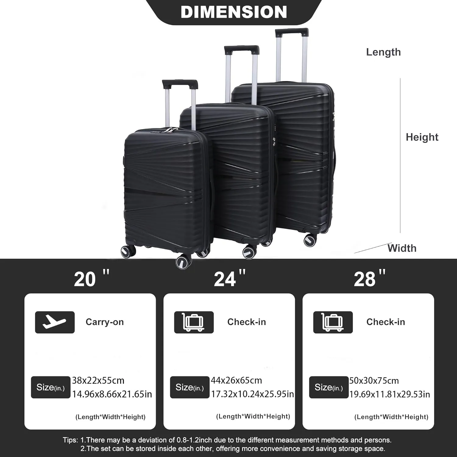 Luggage Sets, Hardside Luggage Sets, 3-Piece Luggage with Spinner Wheels & TSA lock, Portable Expandable Suitcase, Lightweight Carry on Luggage (Black, 20/24/28)