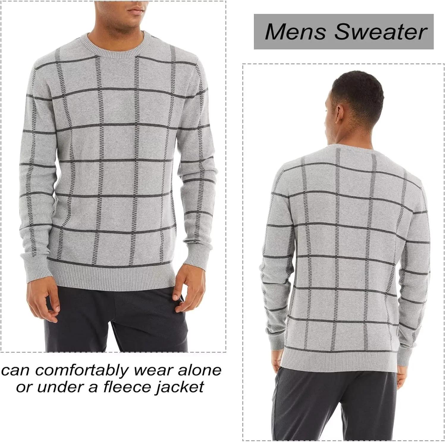 MAGCOMSEN Men's Plaid Crewneck Sweater - Casual Cotton Fall Winter Sweater