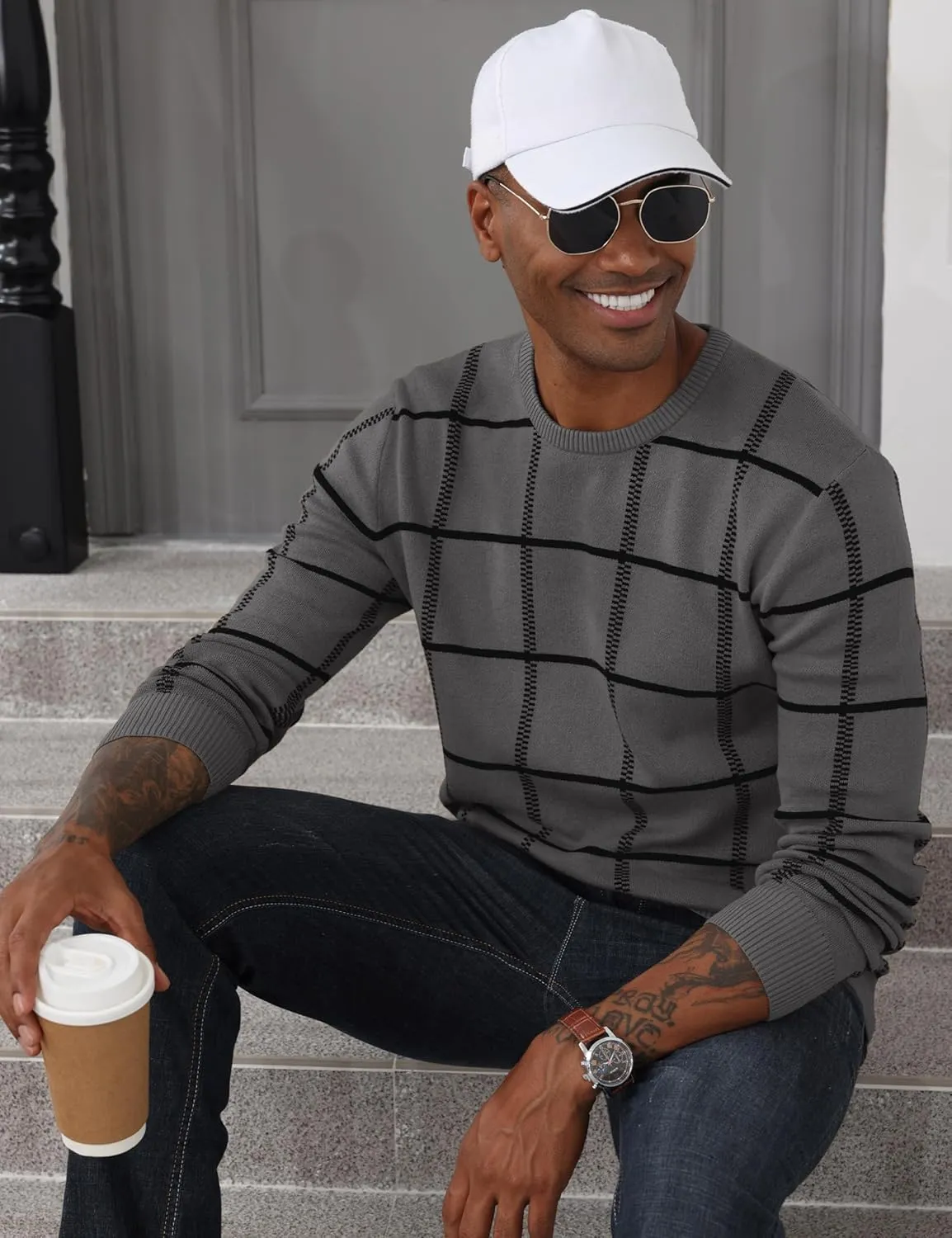 MAGCOMSEN Men's Plaid Crewneck Sweater - Casual Cotton Fall Winter Sweater
