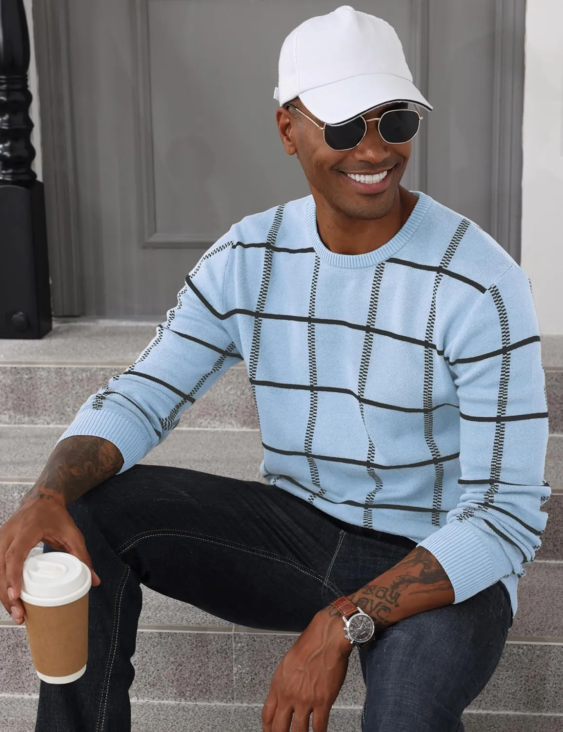 MAGCOMSEN Men's Plaid Crewneck Sweater - Casual Cotton Fall Winter Sweater