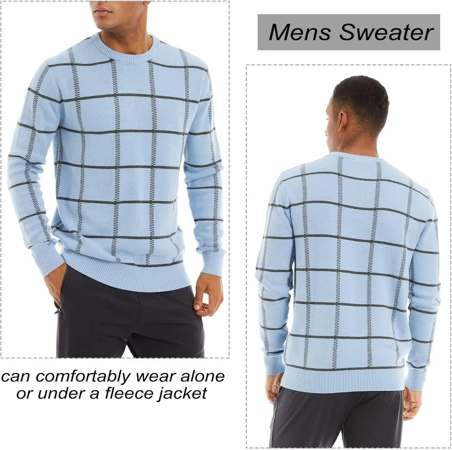 MAGCOMSEN Men's Plaid Crewneck Sweater - Casual Cotton Fall Winter Sweater