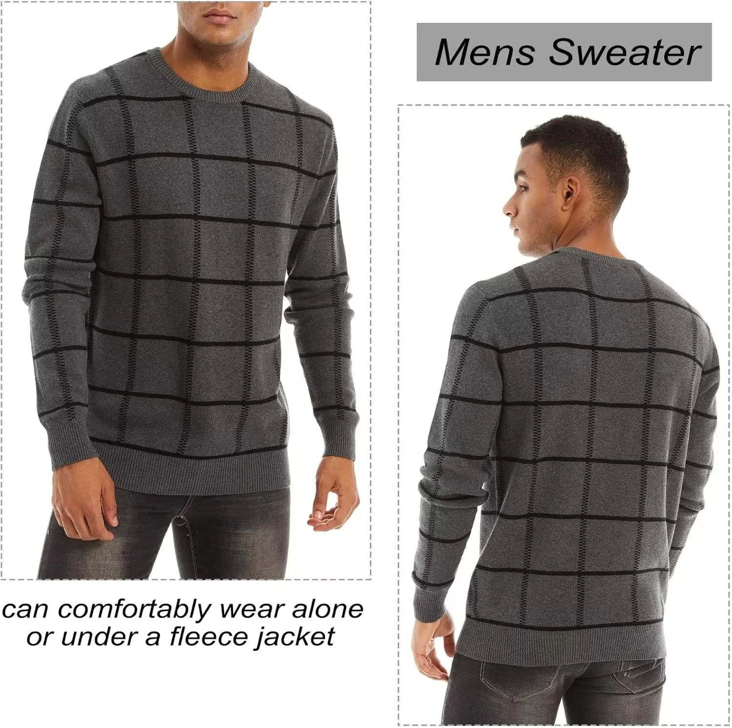 MAGCOMSEN Men's Plaid Crewneck Sweater - Casual Cotton Fall Winter Sweater