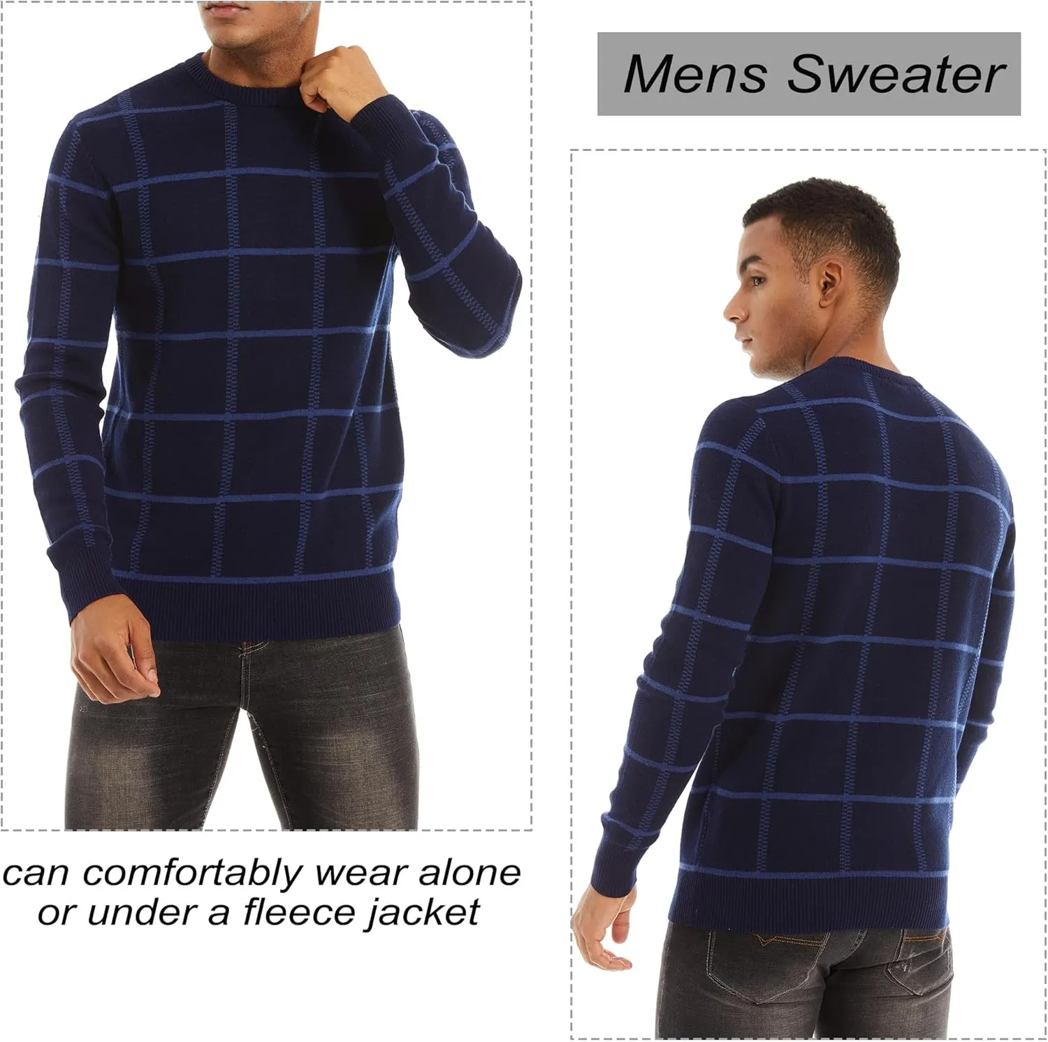 MAGCOMSEN Men's Plaid Crewneck Sweater - Casual Cotton Fall Winter Sweater