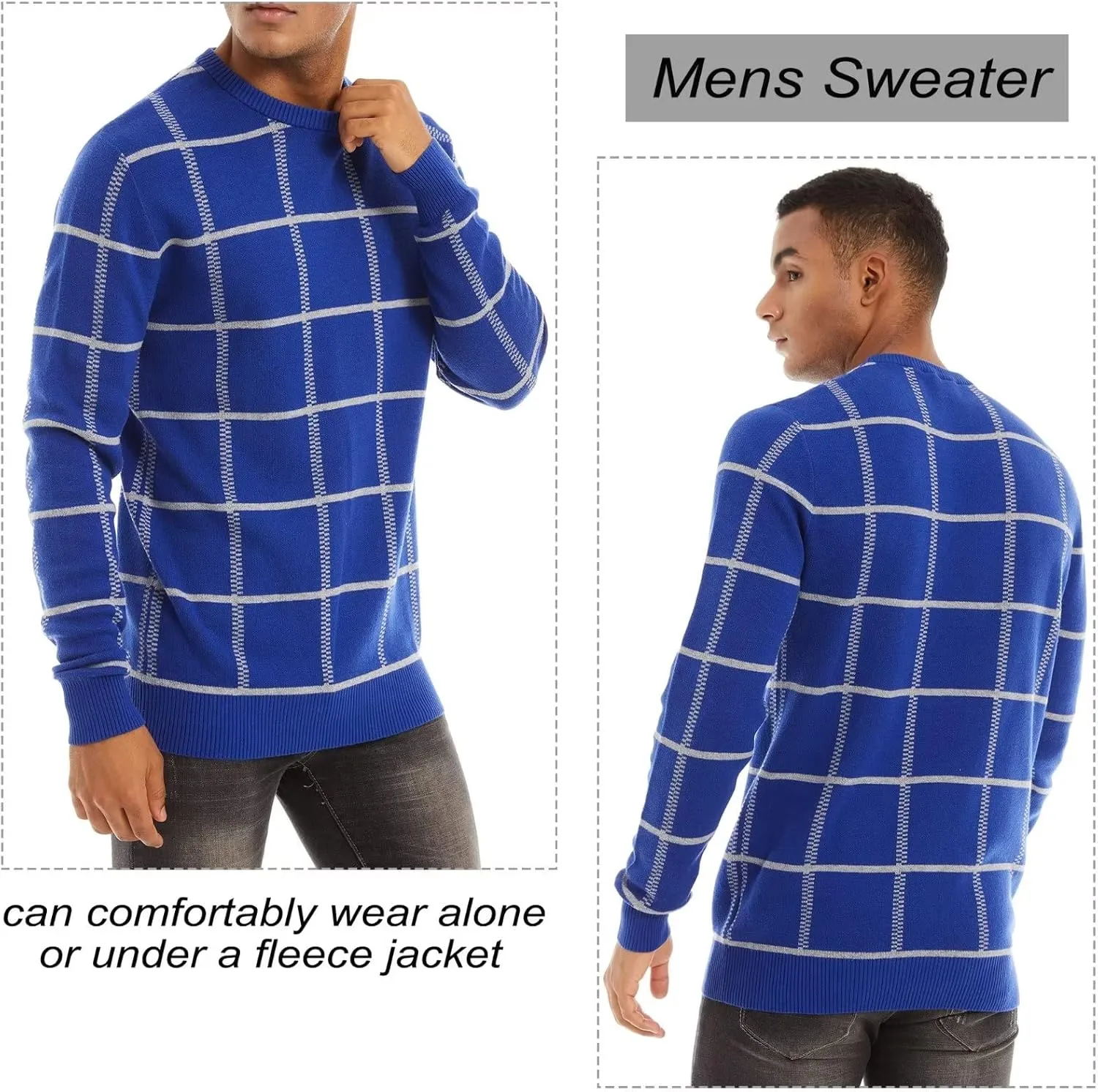 MAGCOMSEN Men's Plaid Crewneck Sweater - Casual Cotton Fall Winter Sweater