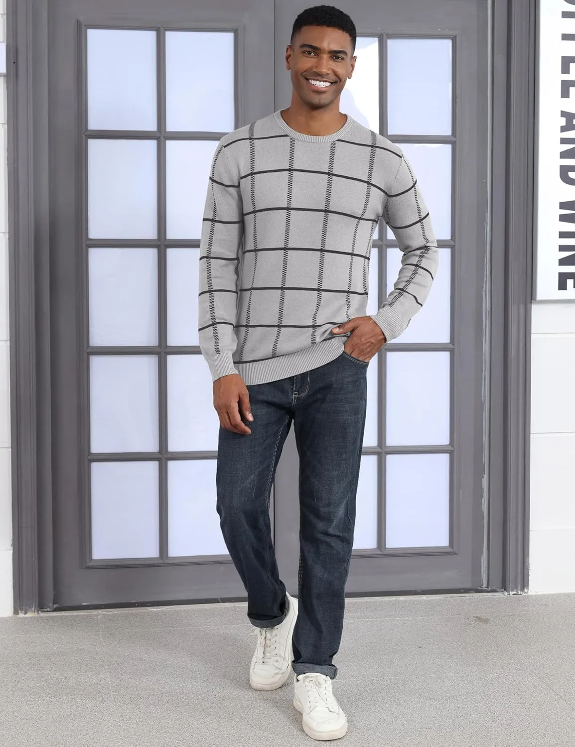 MAGCOMSEN Men's Plaid Crewneck Sweater - Casual Cotton Fall Winter Sweater