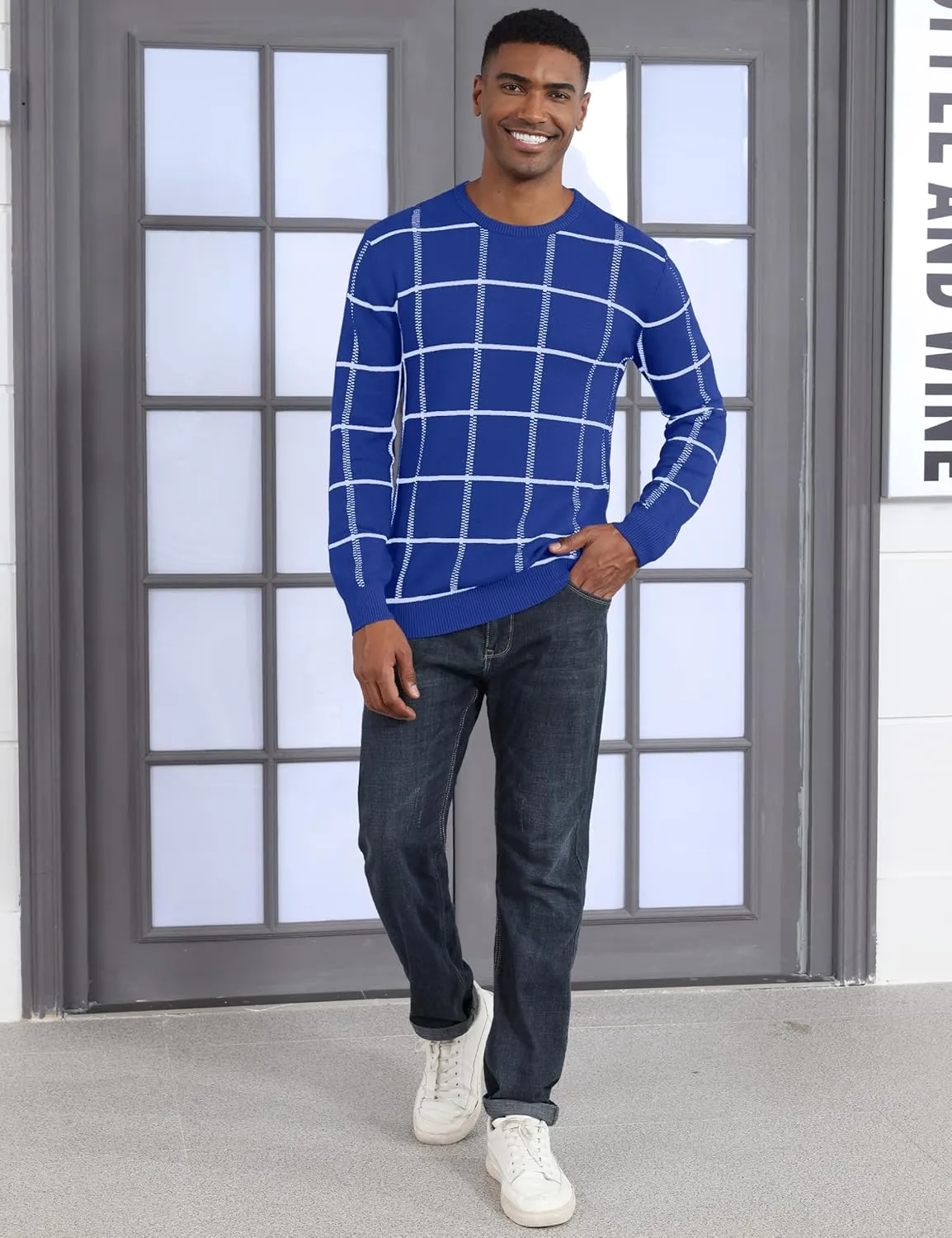 MAGCOMSEN Men's Plaid Crewneck Sweater - Casual Cotton Fall Winter Sweater