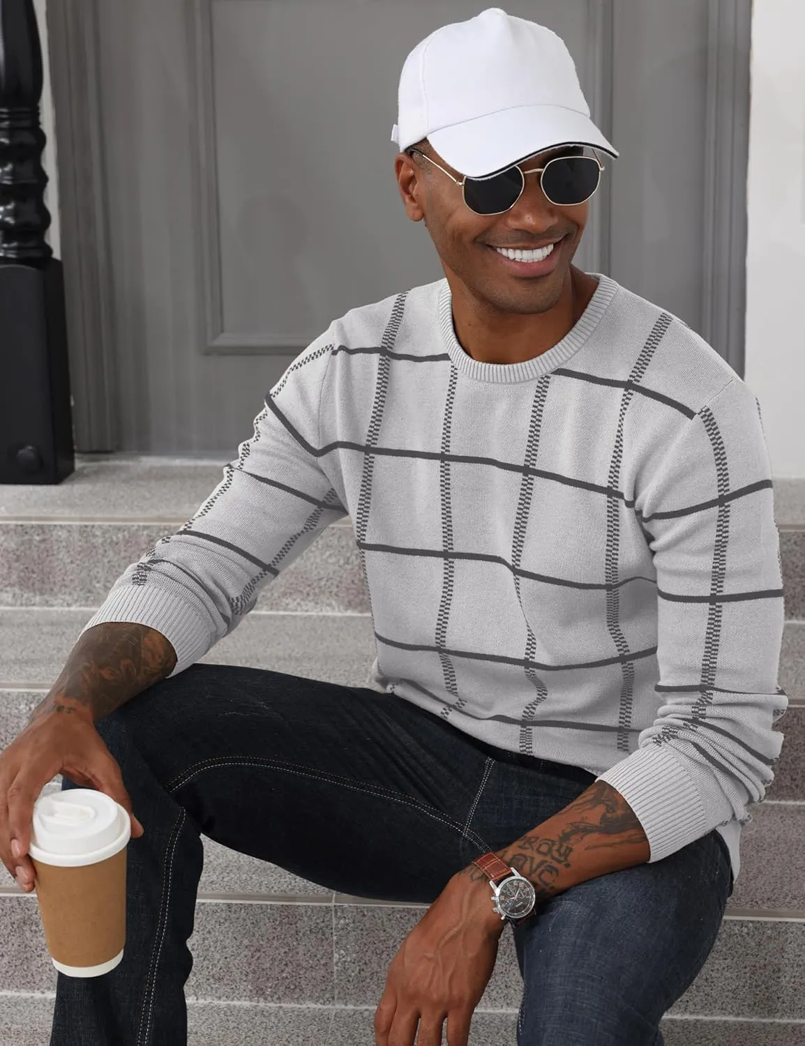 MAGCOMSEN Men's Plaid Crewneck Sweater - Casual Cotton Fall Winter Sweater