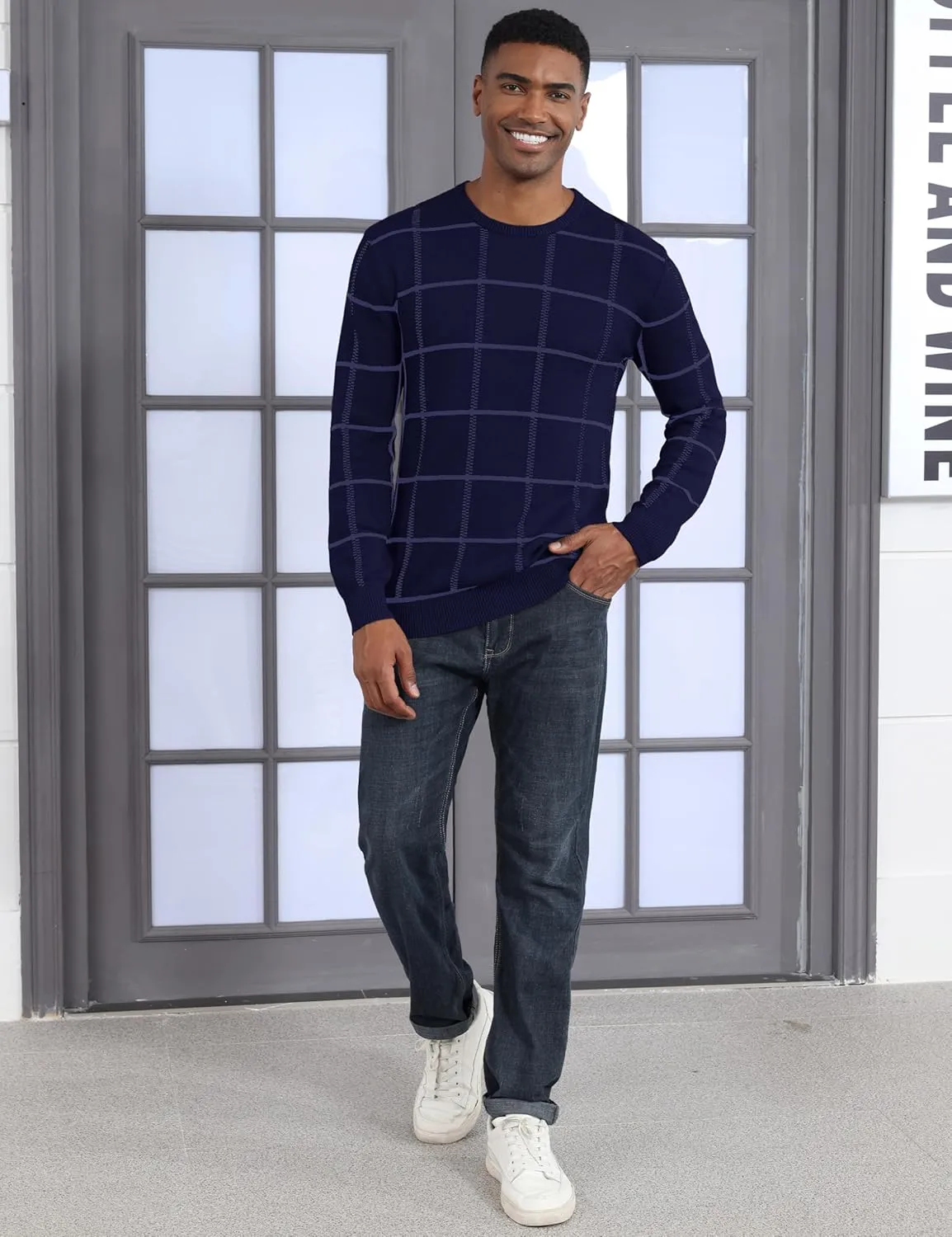 MAGCOMSEN Men's Plaid Crewneck Sweater - Casual Cotton Fall Winter Sweater