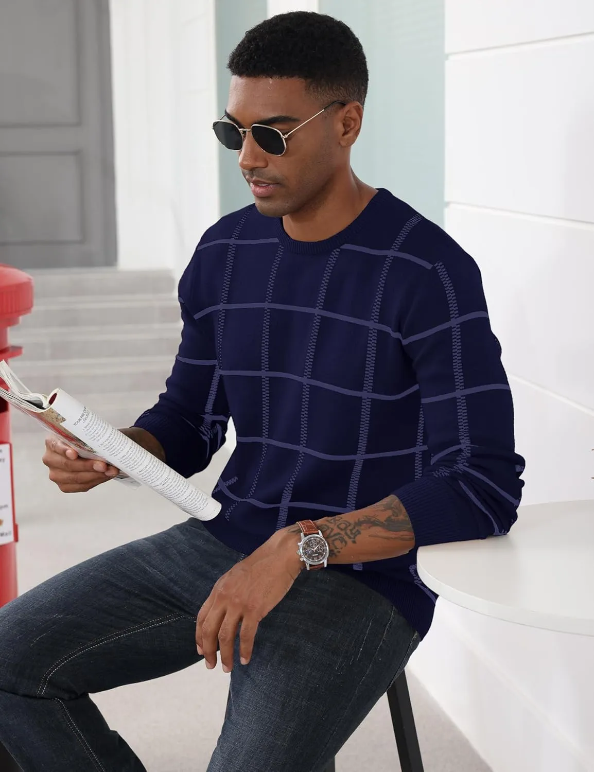 MAGCOMSEN Men's Plaid Crewneck Sweater - Casual Cotton Fall Winter Sweater