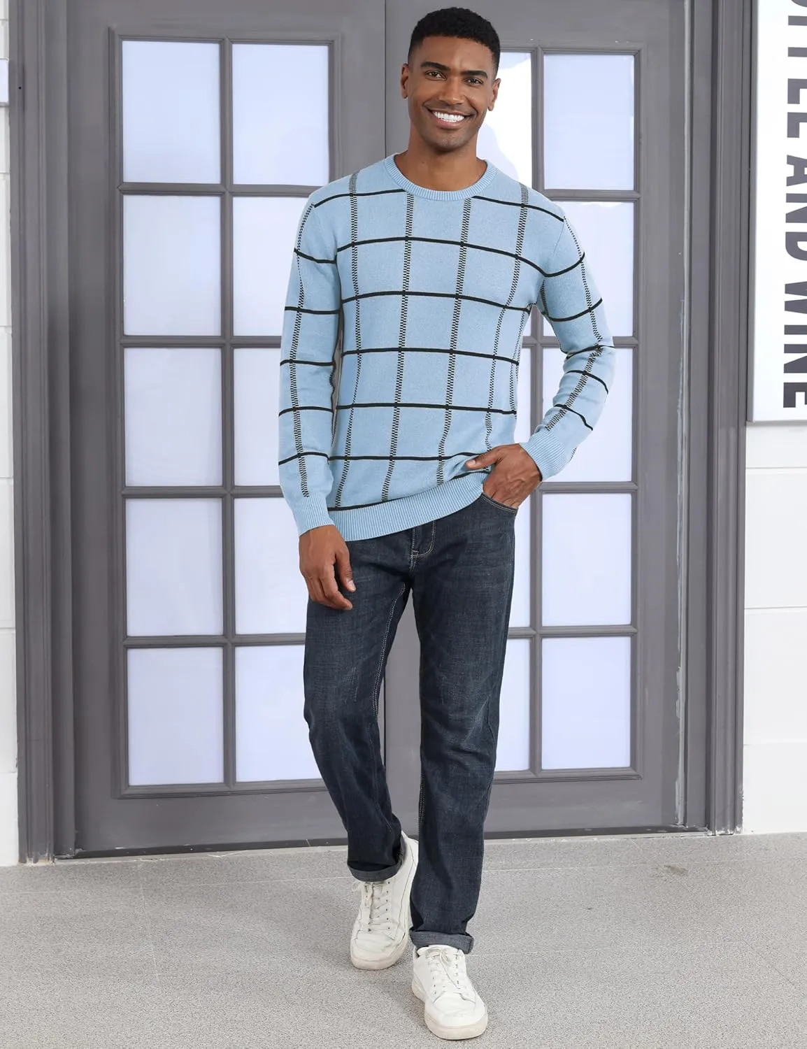 MAGCOMSEN Men's Plaid Crewneck Sweater - Casual Cotton Fall Winter Sweater