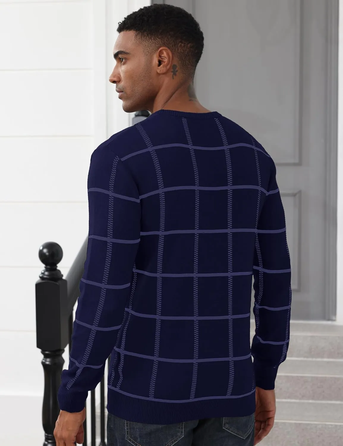 MAGCOMSEN Men's Plaid Crewneck Sweater - Casual Cotton Fall Winter Sweater
