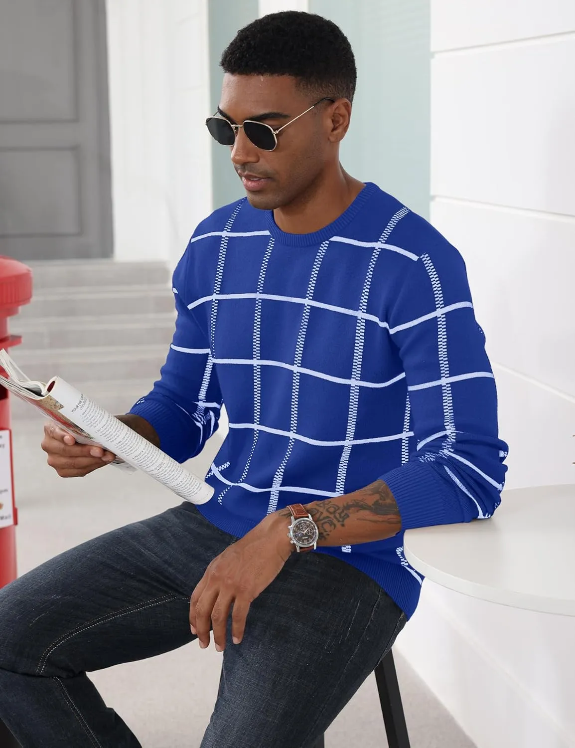 MAGCOMSEN Men's Plaid Crewneck Sweater - Casual Cotton Fall Winter Sweater