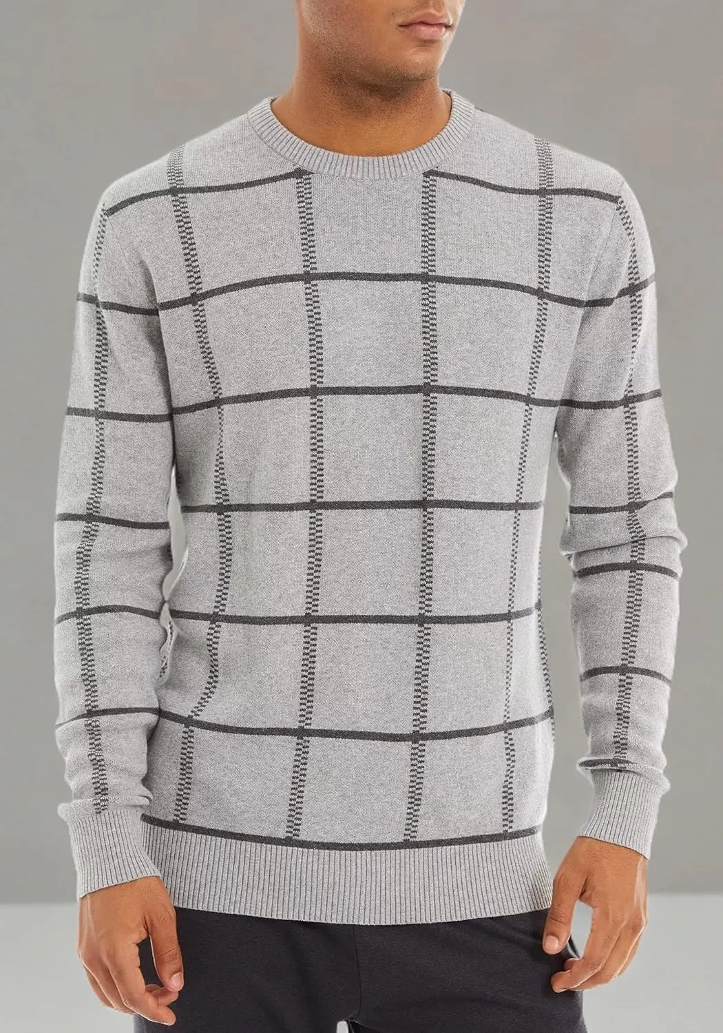 MAGCOMSEN Men's Plaid Crewneck Sweater - Casual Cotton Fall Winter Sweater