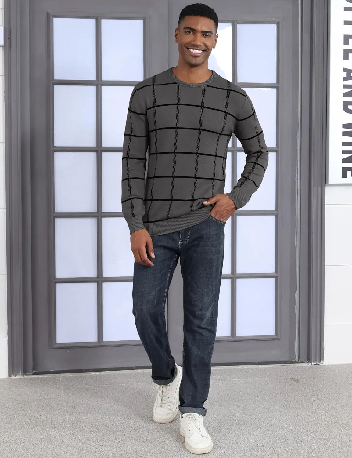 MAGCOMSEN Men's Plaid Crewneck Sweater - Casual Cotton Fall Winter Sweater
