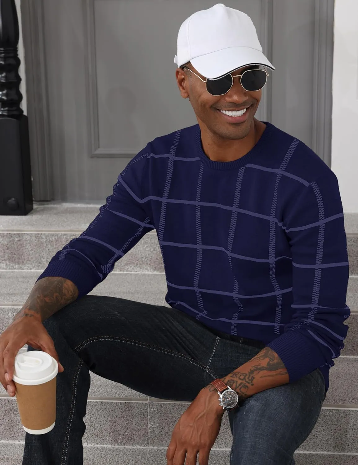 MAGCOMSEN Men's Plaid Crewneck Sweater - Casual Cotton Fall Winter Sweater