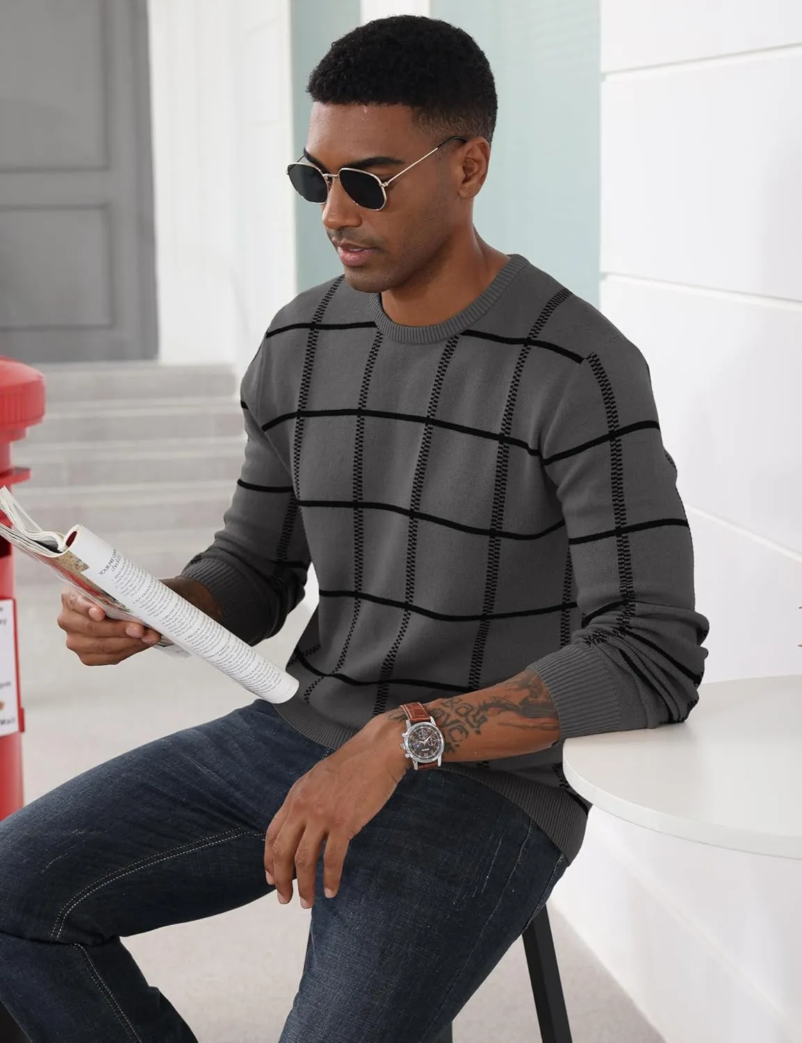 MAGCOMSEN Men's Plaid Crewneck Sweater - Casual Cotton Fall Winter Sweater