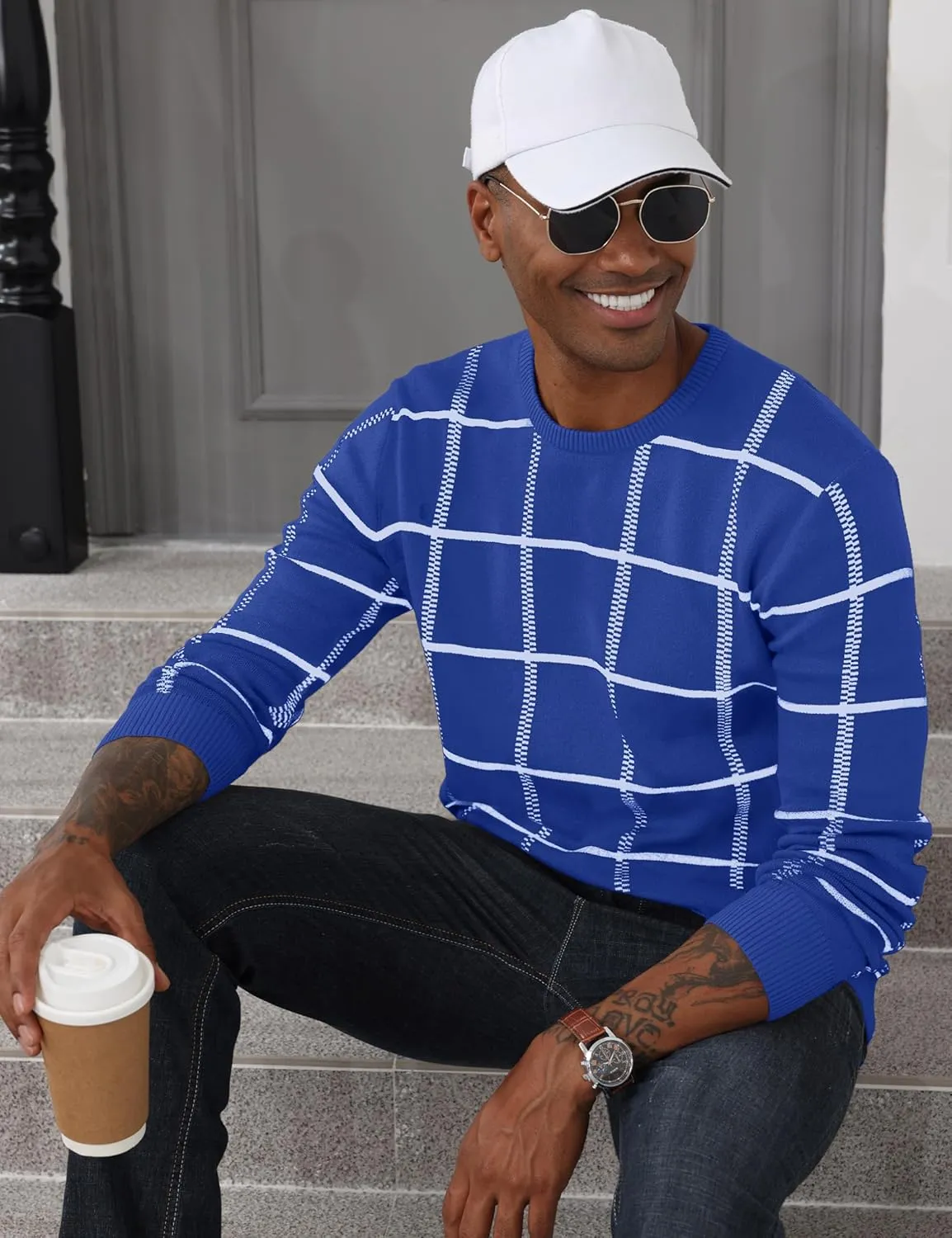 MAGCOMSEN Men's Plaid Crewneck Sweater - Casual Cotton Fall Winter Sweater