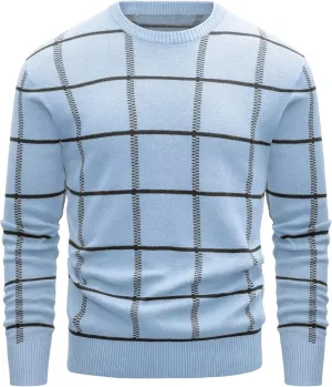 MAGCOMSEN Men's Plaid Crewneck Sweater - Casual Cotton Fall Winter Sweater
