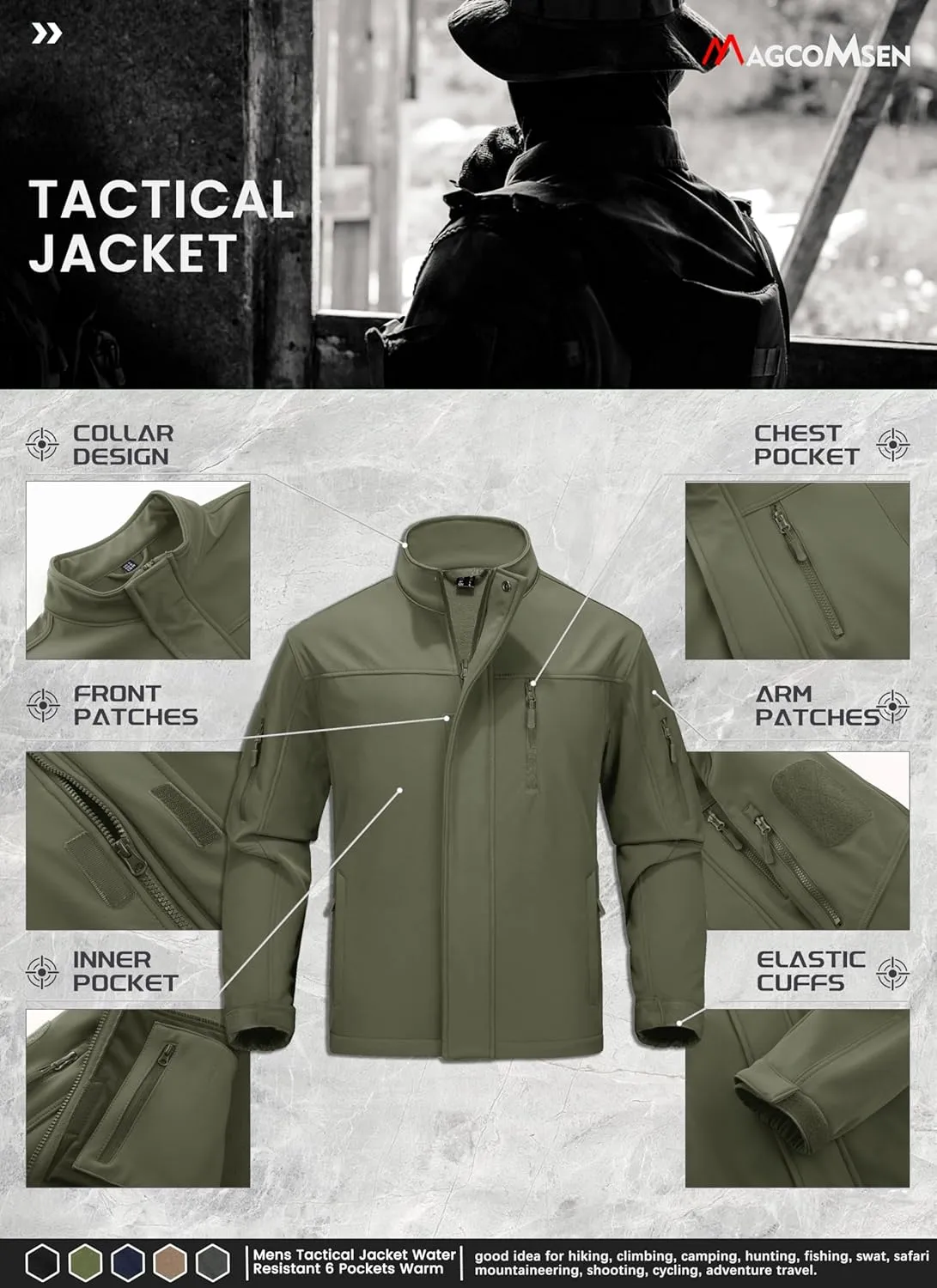 MAGCOMSEN Men's Tactical Jacket Water Resistant 6 Pockets Softshell Fleece Lining Hiking Winter Jacket Windbreaker Outwear