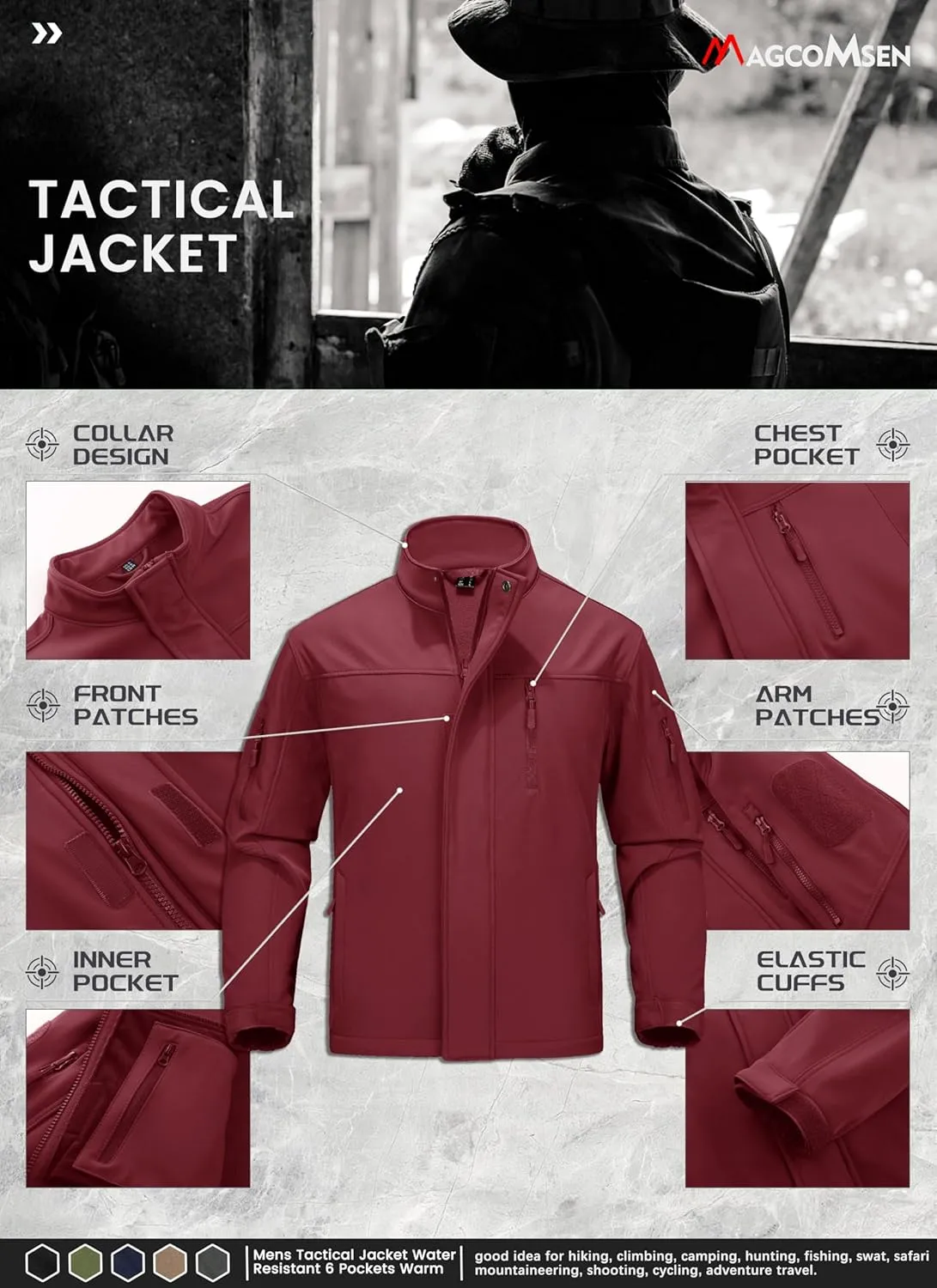 MAGCOMSEN Men's Tactical Jacket Water Resistant 6 Pockets Softshell Fleece Lining Hiking Winter Jacket Windbreaker Outwear
