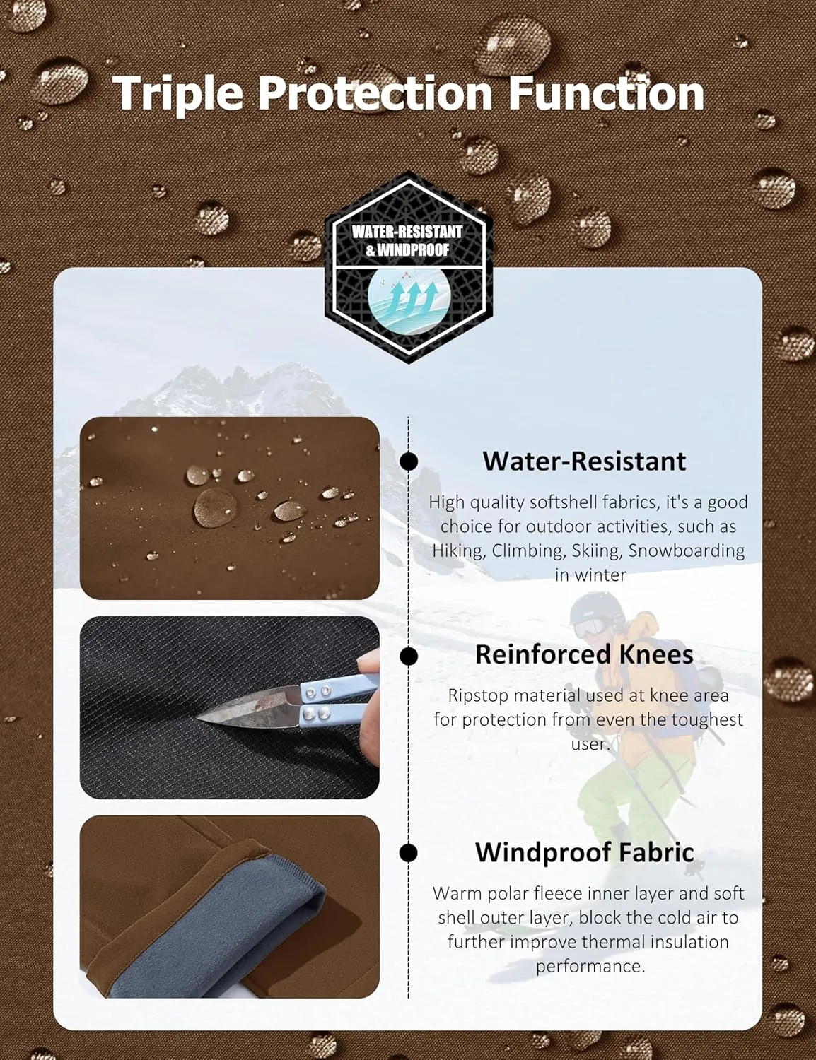 MAGCOMSEN Men's Winter Pants Fleece Lined Ski Snow Pants Water Resistant 4 Zip Pockets Outdoor Pants